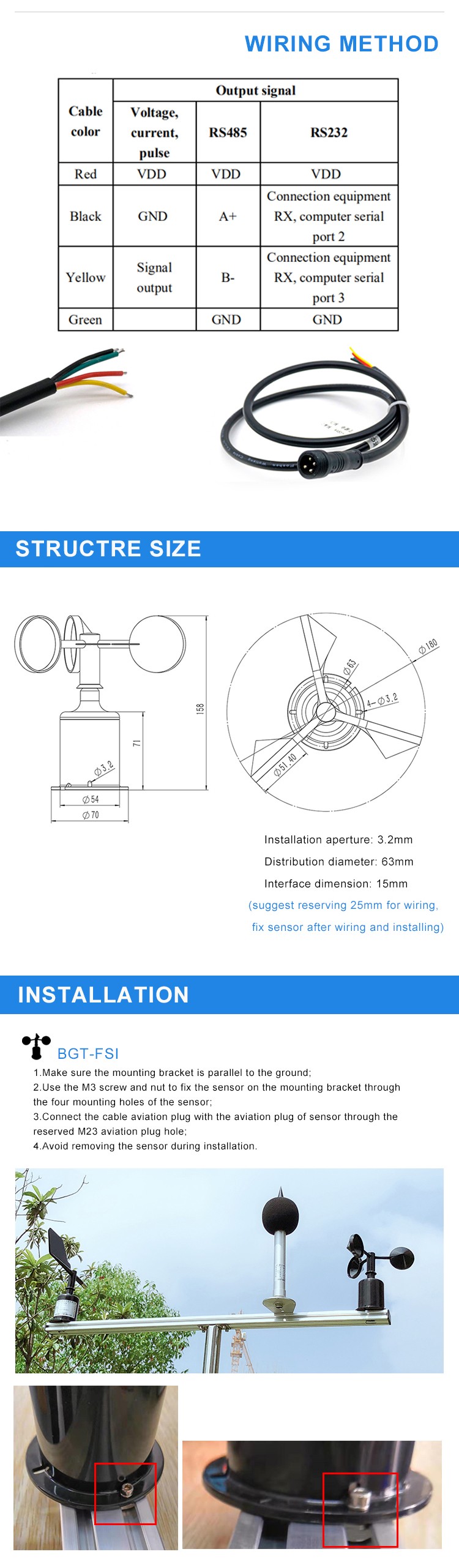 Wind Cup Anemometer RS232 Modbus Cable Length 0.8M Wind Speed Measuring Instruments