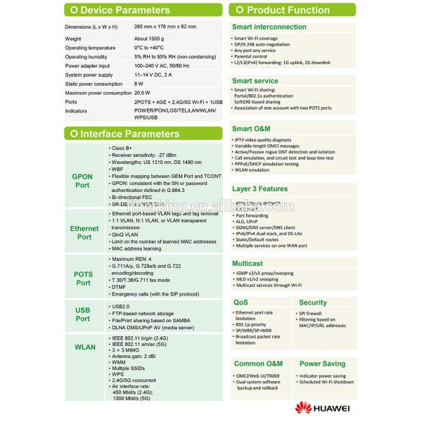 Original HUAWEI echolife HG8245Q2 GPON ONU Routing type ONT FTTH dual band WiFi same function as HG8245U