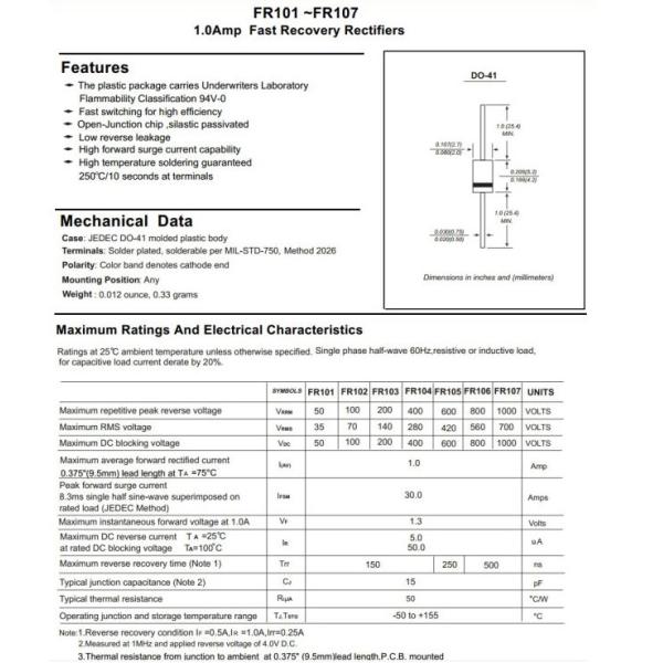 Fast Recovery Rectifier Diode 1A FR101 Thru FR107 DO-41 Package