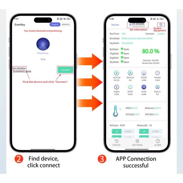 Enerkey Smart BMS 16S-24S 200A with 1A-8A Active Balancing CAN RS485 for Lifepo4/Li-ion/LTO/SIB RV Energy Storage