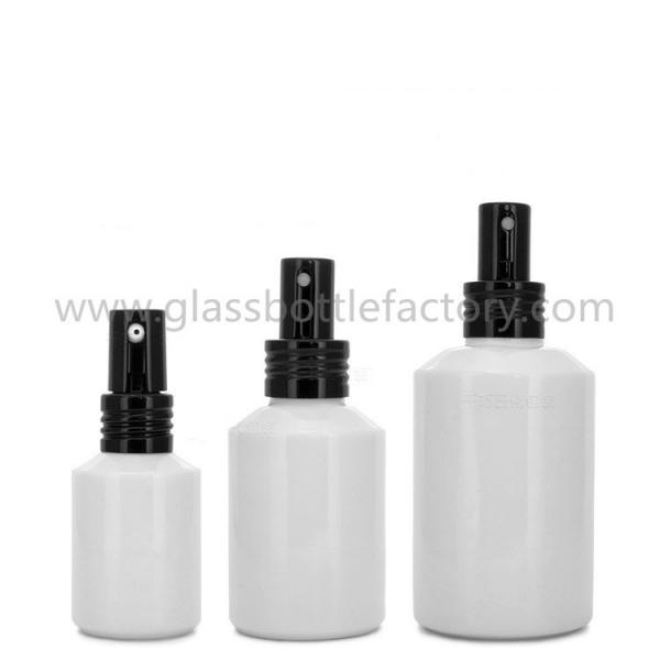 Quality 30ml,60ml,100ml Opal Glass White Sloping Shoulder Glass Lotion Bottles With Black Pump for sale