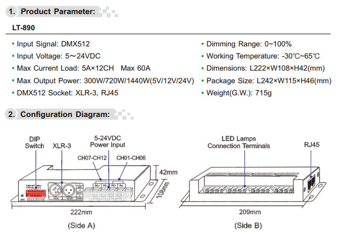 Black 12 Channel Dmx Decoder 720W High Pwm Frequency Output , 0~100% Dimming Range