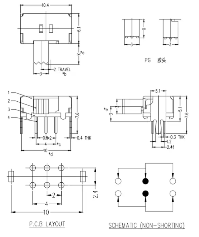 Slide Switch，2P2T Right Angle Sliding Switch,Horizontal Interruptor On-Off Push Tact Switch, Circuit Toggle Switch,