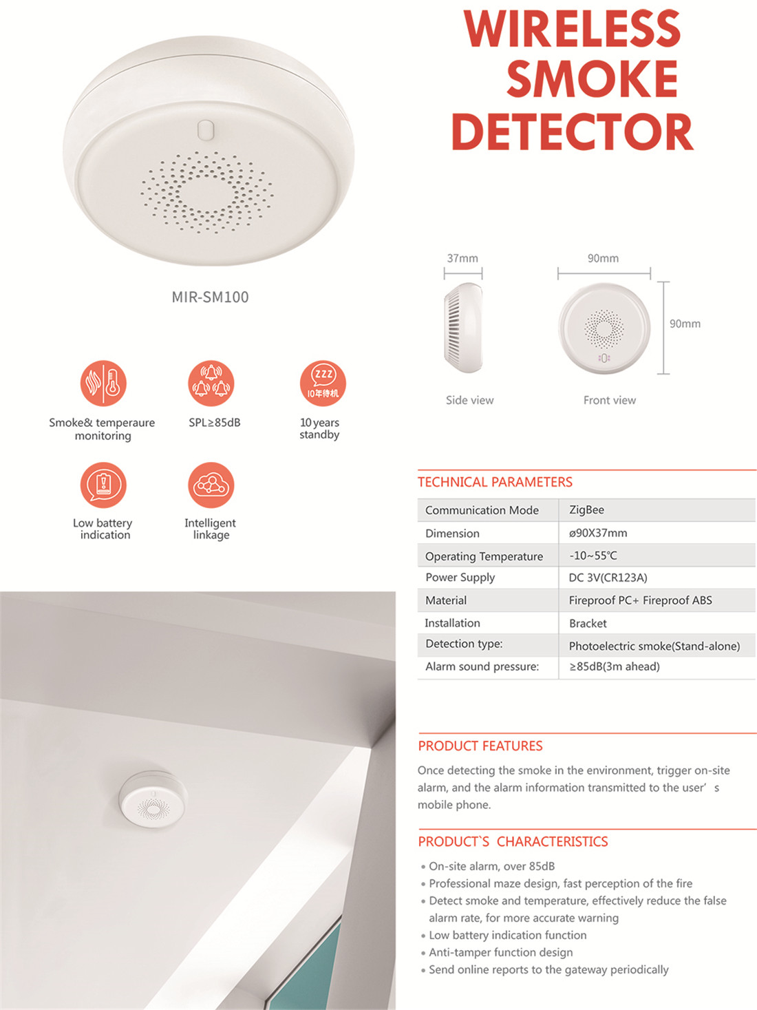 3V Battery Tuya Smoke Sensor Zigbee Smart Smoke Detector Fireproof