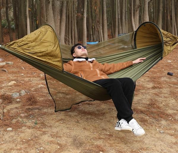 Quality Fully Automatic Quick Open Pole Supported Outdoor Mosquito Net Hammock with Anti Rollover Nylon Fabric for sale