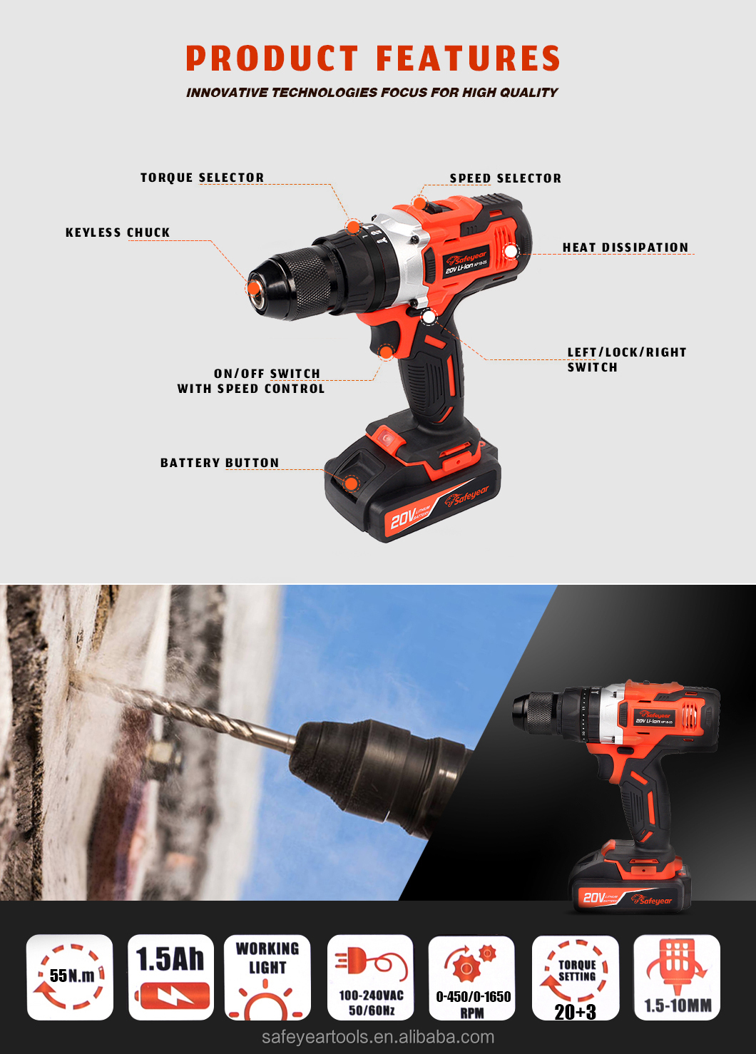 20V 1/2" Brushless Drill Driver Kit Cordless Battery Drill Set Handheld Power Drills 2000MAH