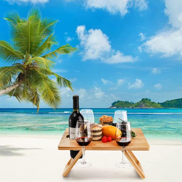 Portable Outdoor Indoor Wooden Bamboo Folding Picnic Tray Table for Snacks and Wine