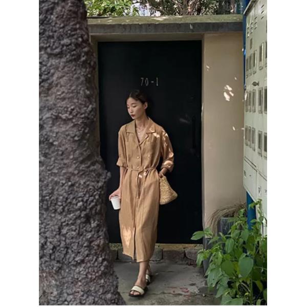 Green Tencel Linen Fabric Woven Shirt Dress With Pin Tucks Customized