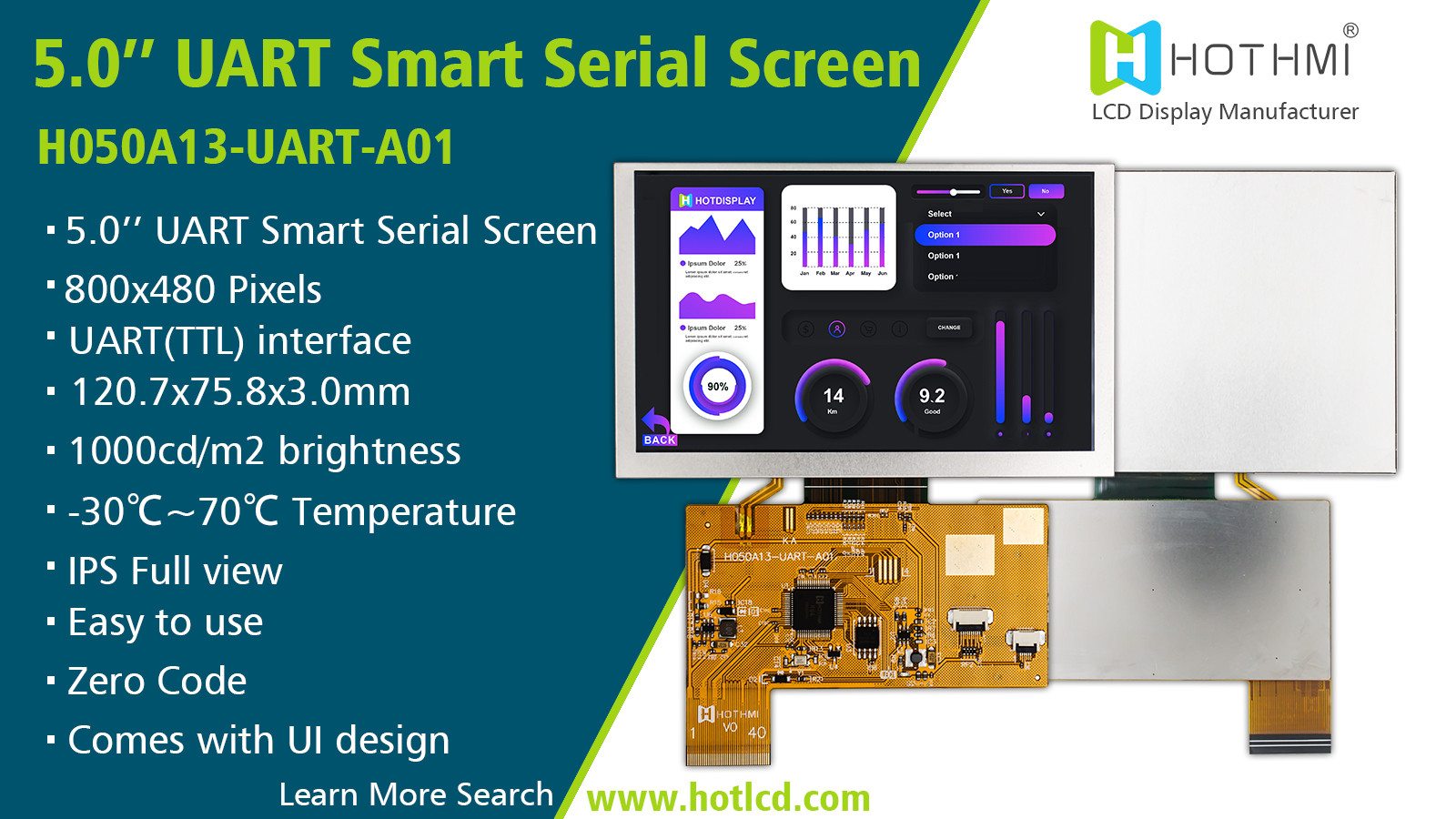 5.0 Inch Smart Serial 800x480 UART TFT Display Screen Sunlight Readable