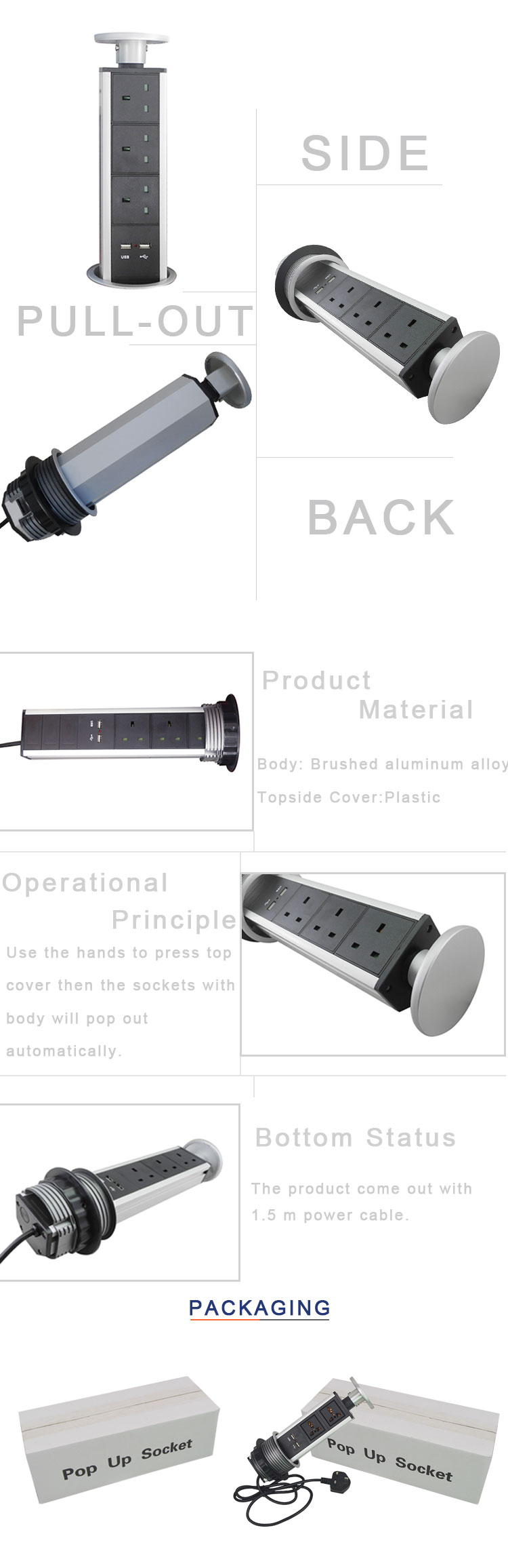 Kitchen worktop use pop up UK power hidden desk power socket