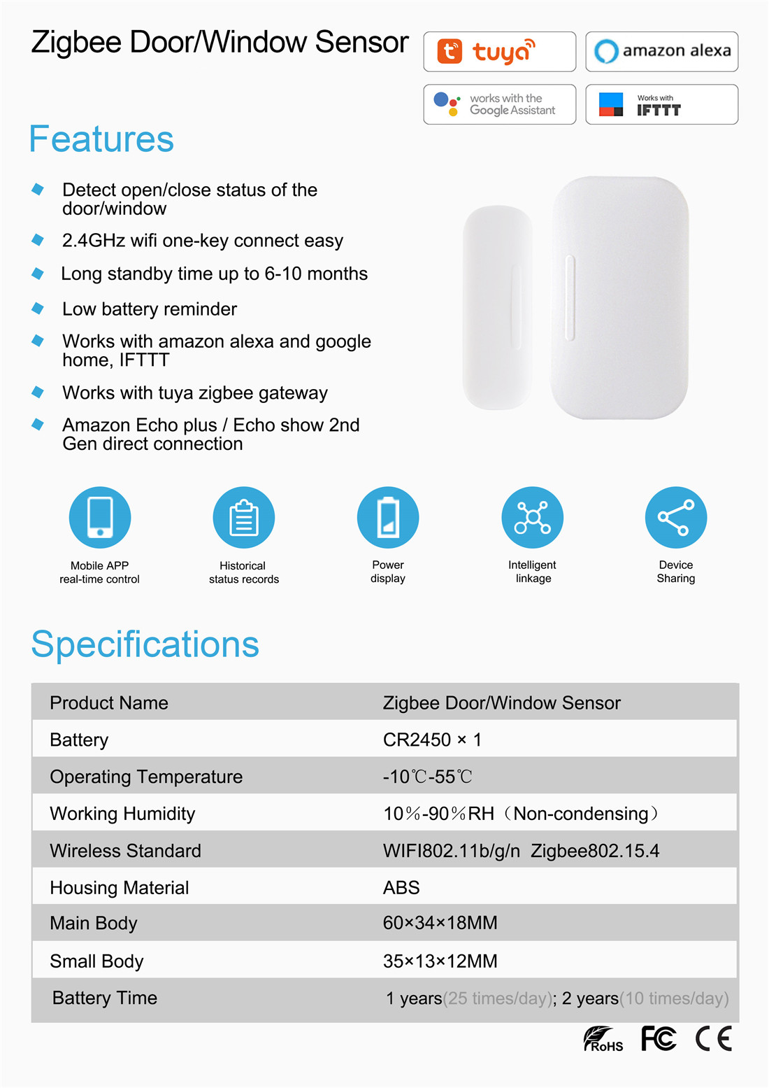 ZigBee Door Sensor Smart Mini Door Alarm Open Sensor ZigBee Window Sensor for Home Security(MYQ-ZDS01)