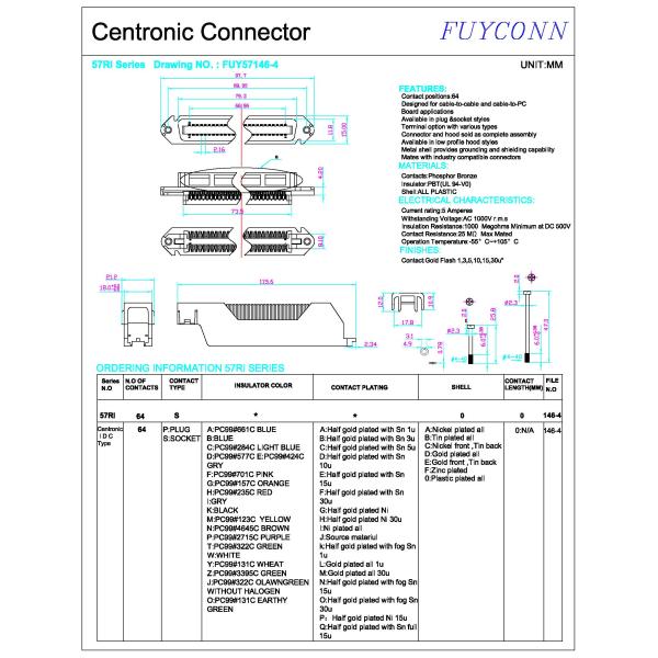 Champ 64 Pin Centronics IDC Female Connectors with right angle plastic housing
