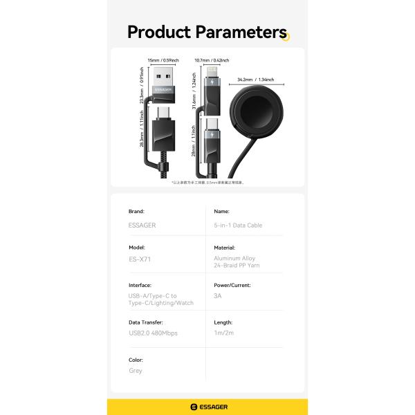 ESSAGER ES-X71 5 in 1 QC PD USB A/C to USB C/L Smart Watch Charging Data Cable