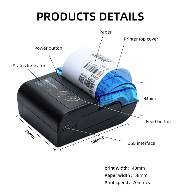 Compact Blue Tooth 58MM Thermal Receipt Printers with Maximum Roll Diameter of 40mm