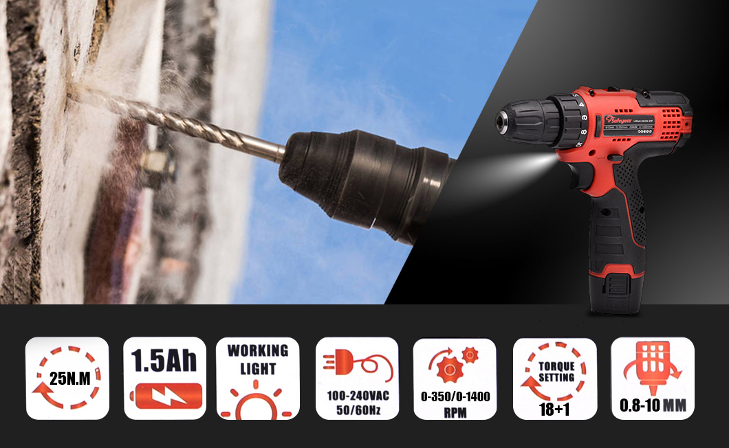 25N.M Cordless Power Drill Tools 12V Lightweight Cordless Screwdriver 18+1 Gear