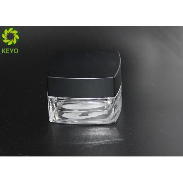 Clear Glass Cosmetic Cream Storage Jars Square Shape With Black Plastic Cap