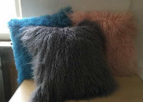 Quality Mongolian Lamb Fur Throw Pillow Dark grey Long Curly Sheep Fur Cushion Cover for sale
