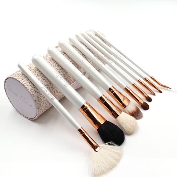 White Wooden Handle Synthetic Makeup Brush Set 9pcs With Case