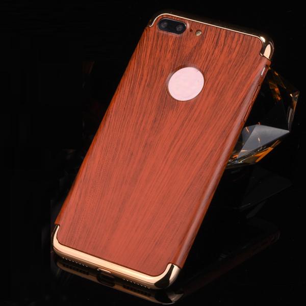 3 in 1 Hard PC Plating Border Wood Grain Cell Phone Case Cover For iPhone 7 7 Plus 6 6s Plus