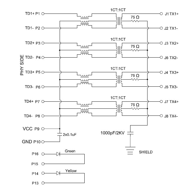 1000 Base T 2 x 4 Modular Ethernet Jack With Integrated Transformer