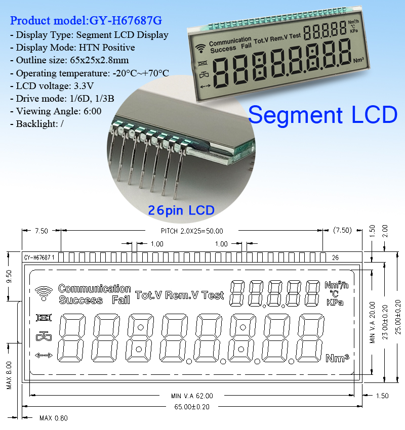 3.3V Operating Voltage Custom LCD Display for Positive Reflective Screen Energy Meter 8 Digit 7 Segment Monochrome LCD