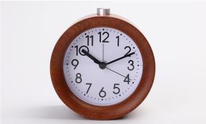 China Small Round Wooden Alarm Clock , Analog Snooze Night Light Wooden Desk Clock on sale