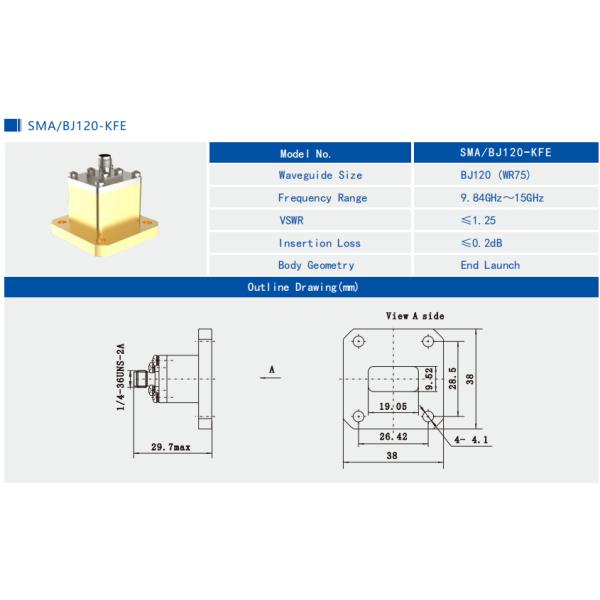 9.84-15GHz WR75 to SMA Female End Launch Waveguide to Coax Adapter Brass SMA/BJ120-KFE