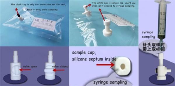 ®FEP gas sampling bag with PTFE dual-valve & septum port syringe sampling FEP32_1L (air sample bags)
