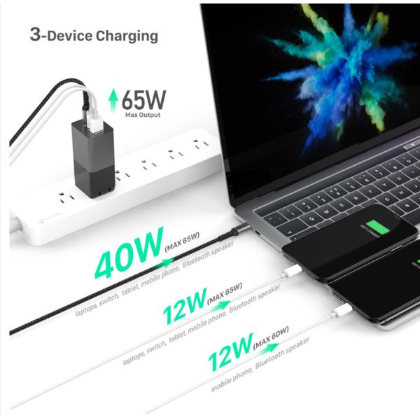 PD GaN Fast Charger 3port QC4.0 65W Type C Charger Adapter 45W 20W