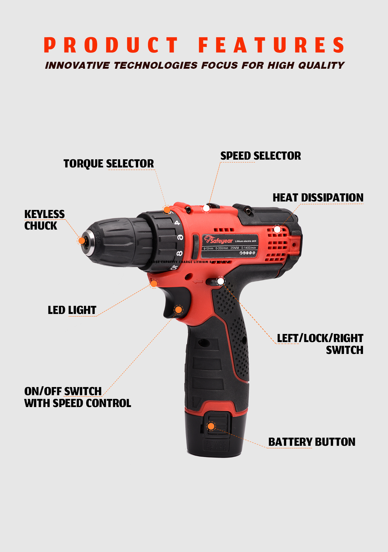 25N.M Cordless Power Drill Tools 12V Lightweight Cordless Screwdriver 18+1 Gear