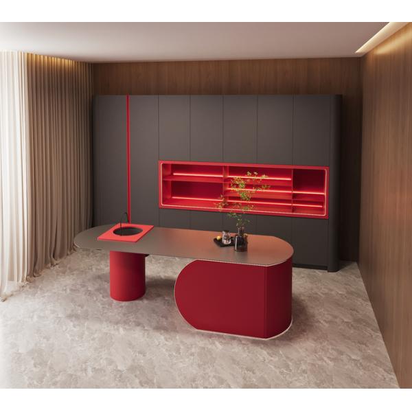 Line Shaped Stainless Steel Kitchen Cabinet With Black And Red Accent Design