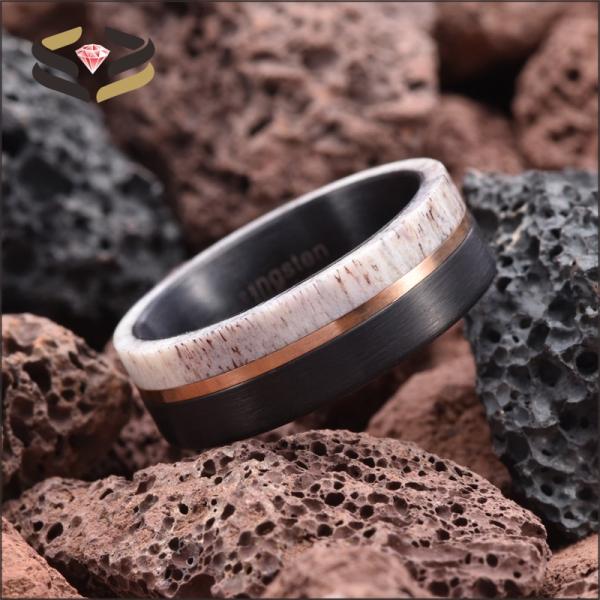 8mm Black Tungsten Ring with Deer Antler and Rose Gold Strip Inlay The Ultimate Wedding Essential