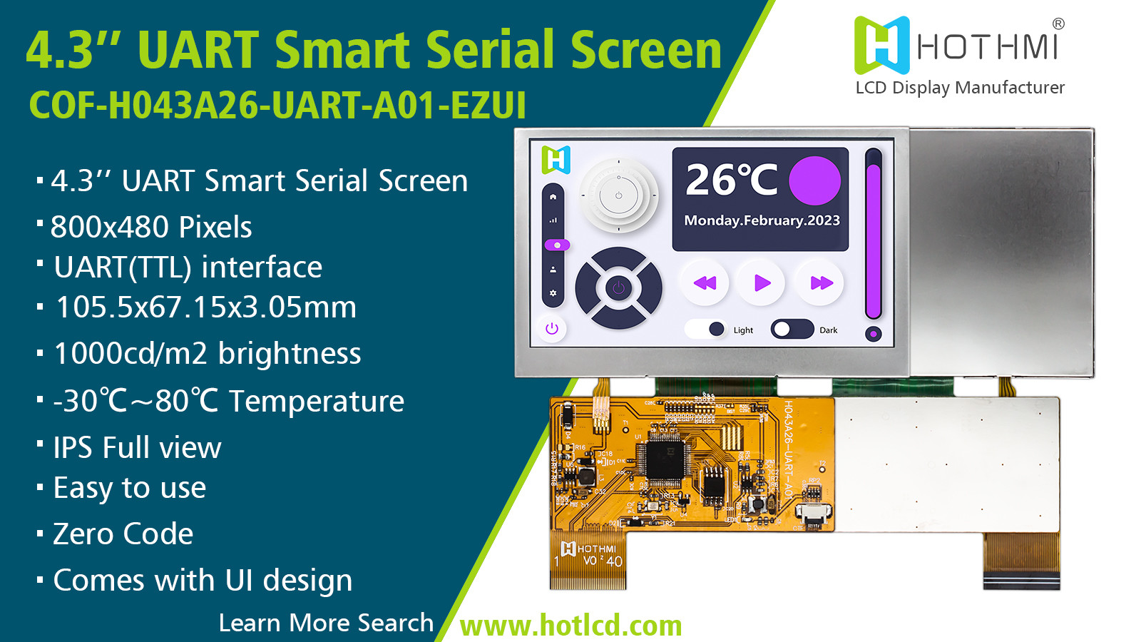 4.3 Inch Smart Serial 800x480 UART TFT Display Screen Sunlight Readable