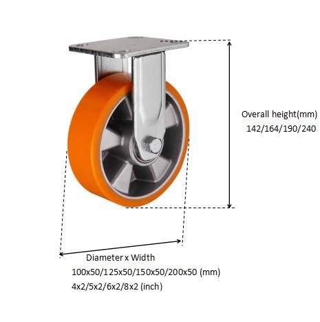 Unite 4-8 inch Orange color Fixed aluminium core POLYURETHANE wheel for heavy duty caster/ PU RIGID CASTORS