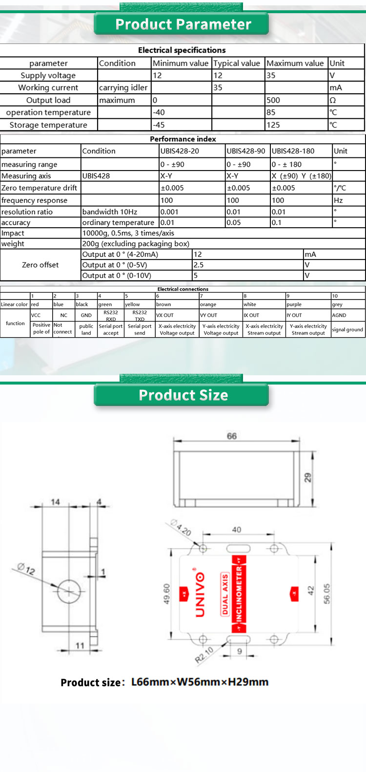 UNIVO UBIS-428 Industrial Dual Axis Inclinometer with High Accuracy and Analog Output