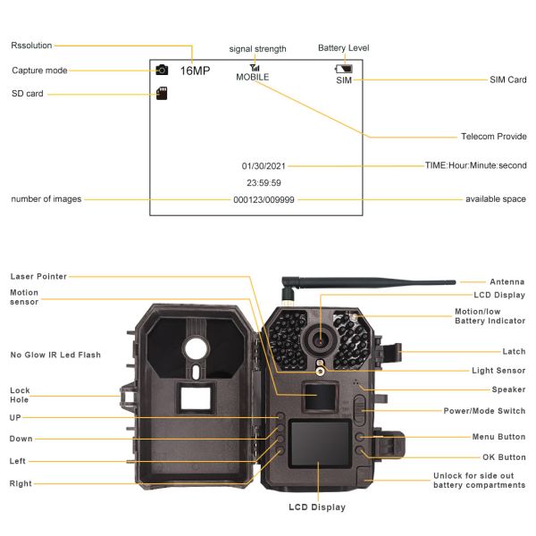 16MP Image 1080P FHD IP66 Waterproof Trail Cam 4G Cellular Game Camera