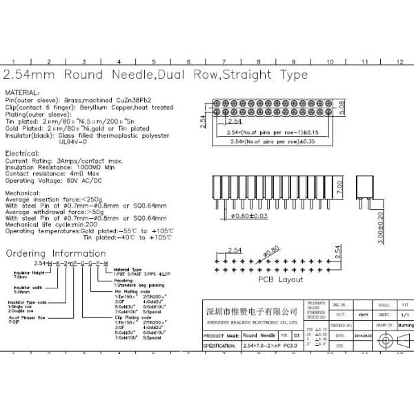 2.54mm Round Pin Female Header DIP Type Straight For Medical Equipment