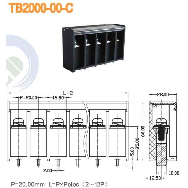 Barrier Terminal Block Pitch 20.00mm 600V 75A 2-12P Power M6 Terminal Block