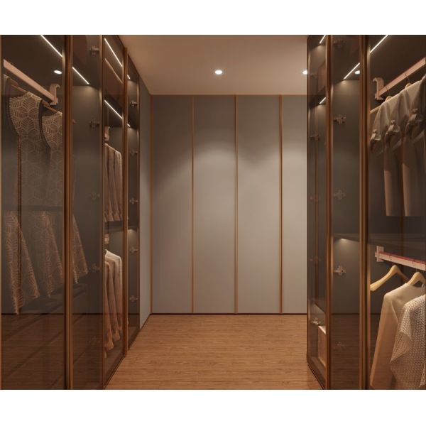 Steel Elegance Modern Gray Walk-In Closet With Gold Accents