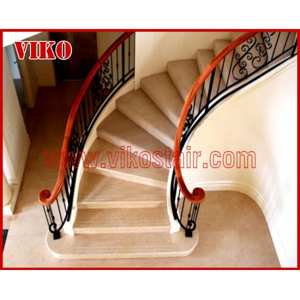Wrought Iron Staircase VK106S WroughtIron Handrail Tread Marble,Railing tempered glass, Handrail b eech Stringer,carbon
