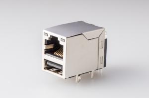 China Female Rj45 USB Connector 1 X 1 With Led And Emi Tab-Up Shielded 90 Degree Pcb Connector on sale