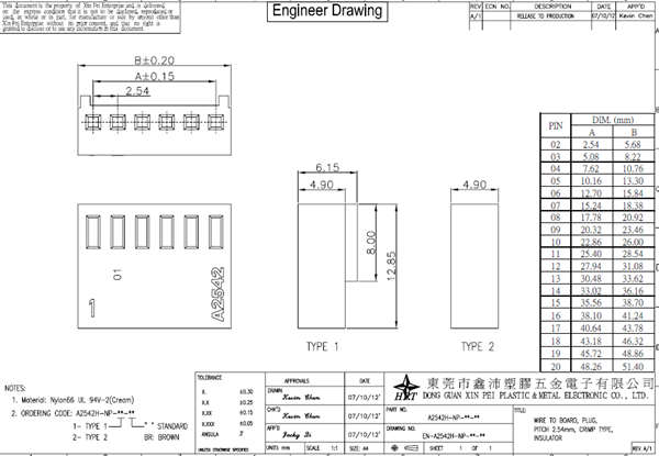 Pitch 2.54mm Single Row 02p To 20p Housing PA66 UL94V-0 Wire To Board Connectors