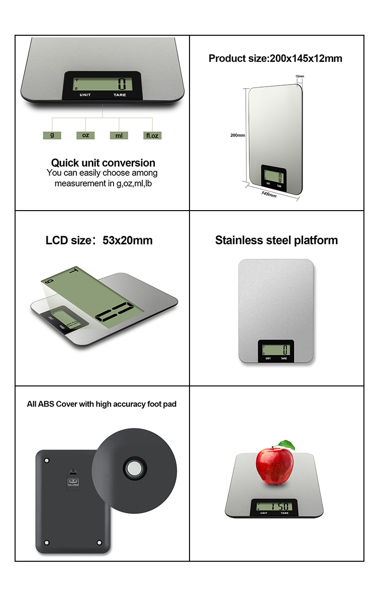 JLY Smart 5kg/1g Stainless Steel Electronic Kitchen Scale with 1x3V CR2032 Lithium Battery Power Supply and OEM LED Display