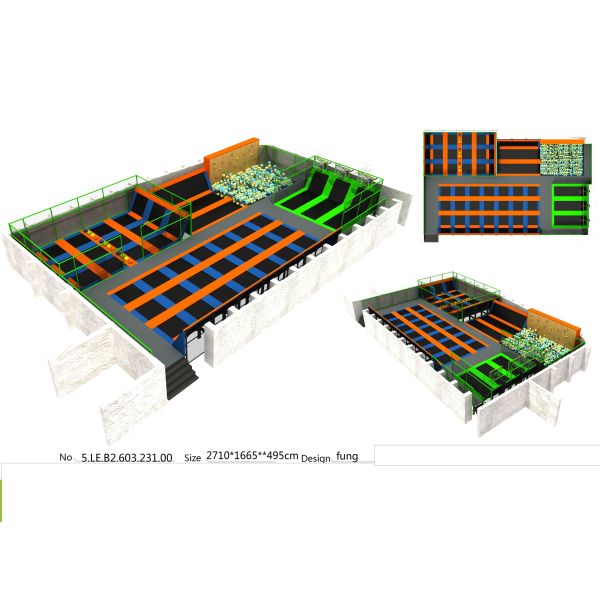 430M2 Long Square Shape Orange & Green Style Trampoline Park Event Equipment