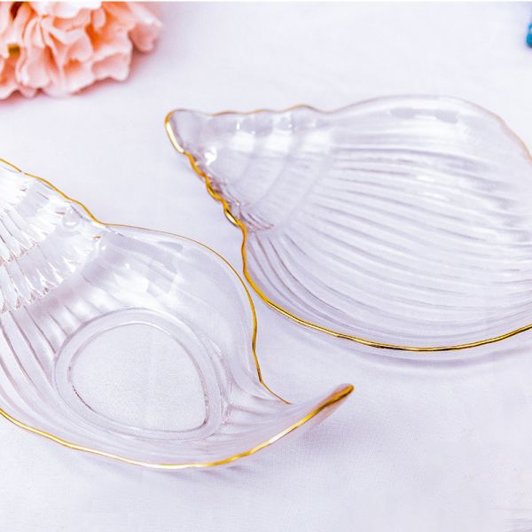 Creative Ocean Style Crystal Glass Shell Plate Decorative Salad Plate With Gold Rim