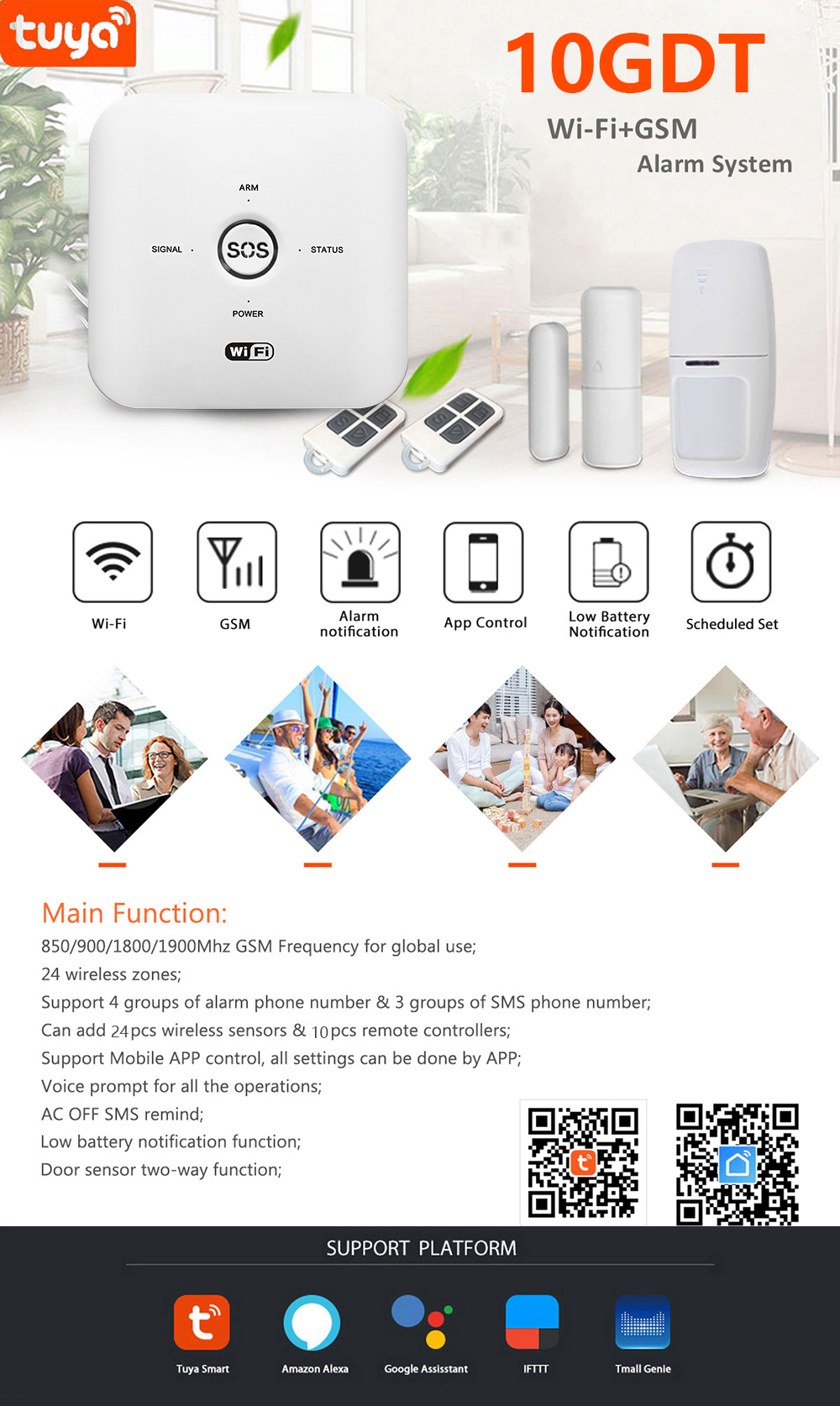 WiFi GSM Rf 433mhz Door Sensor Tuya Smart Alarm Sensor Pir Motion
