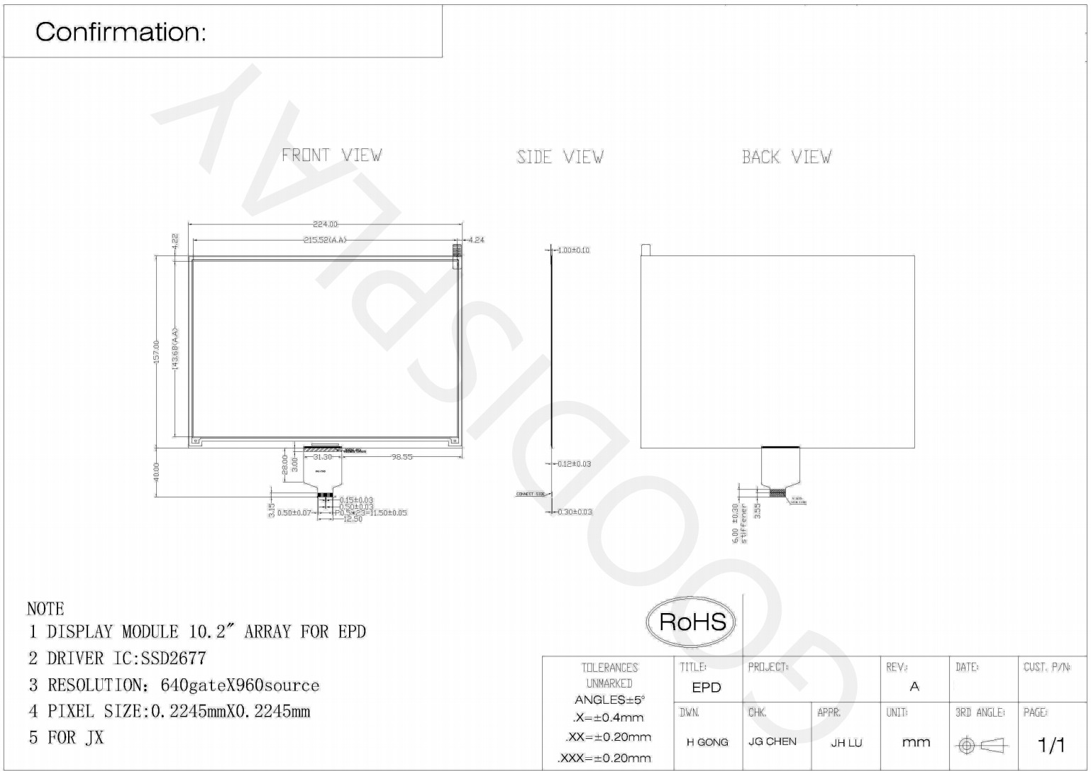 10.2'' 4 Color 640*960 E-paper Display SSD2677 Based EPD
