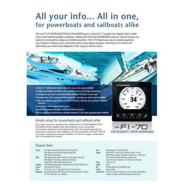 FURUNO FI70 4.1 Color LCD 15 VDC CAN bus instrument/data organizer Global Maritime Distress And Safety System