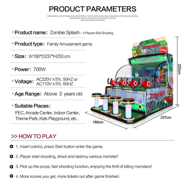 700W Ticket Redemption Game Machine Coin Op Zombie Splash - 4 Players Ball Shooting Game Arcade Machine