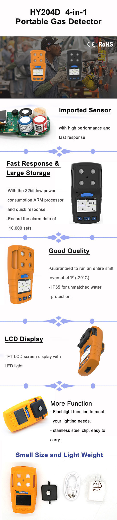 HiYi Wireless H2S O2 EX CO Gas Detector / Large Storage 4 In 1 Gas Detector